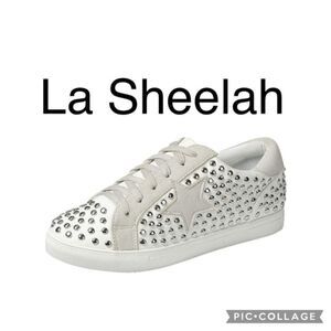 (B2) La Sheelah White Silver Studded Sneakers,Size 8.5